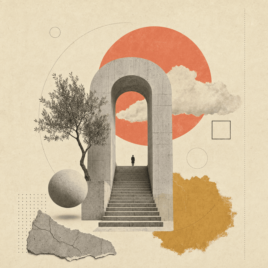 Paper collage: stacked architectural fragments, a coral arch and a slender tree arranged on a Bauhaus grid.