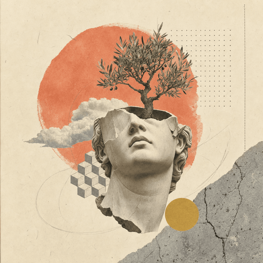 Paper collage: a mustard sun behind a coral arch with a slender tree growing through it and a small figure reading in the foreground.