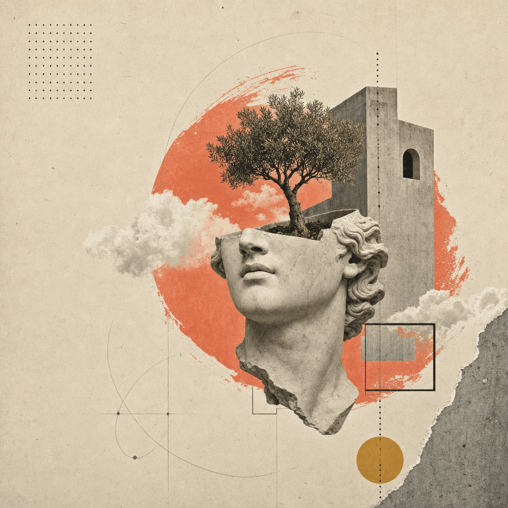 Paper collage: a classical plaster head opened at the crown with a young tree growing out of it, set against a coral disc and concrete architecture.