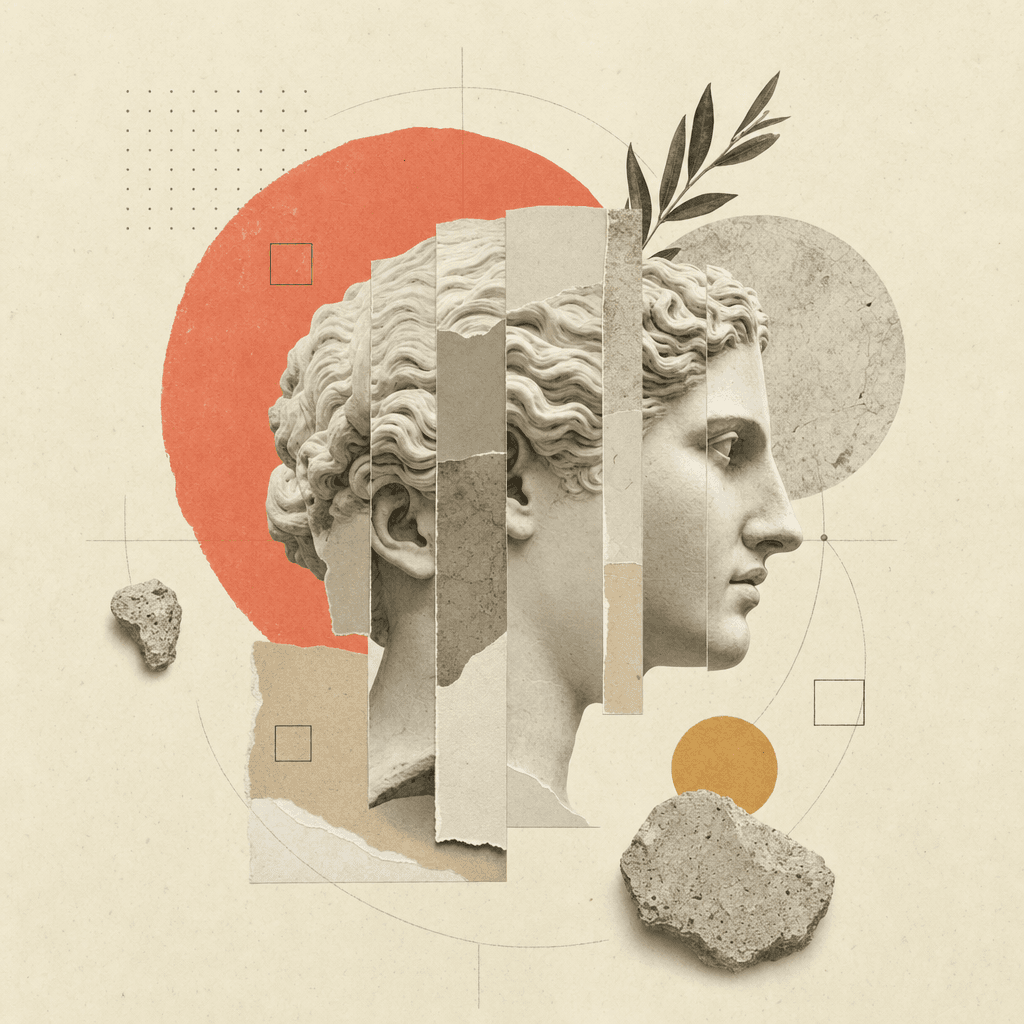 Paper collage: a cropped plaster bust in three-quarter view with a coral arc tracing the back of the head.